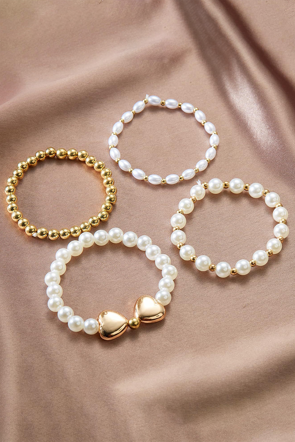 Gold Heart Pearl Plated Beaded Elastic Bracelet Set