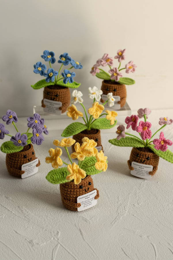 Coffee Handmade Crochet Flower Pot Emotional Support Decoration with Organic Size Variations