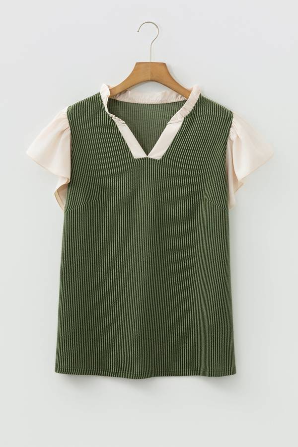 Vineyard Green Plus Size Contrast Frilled Neckline Ruffled Short Sleeve Ribbed Textured Blouse