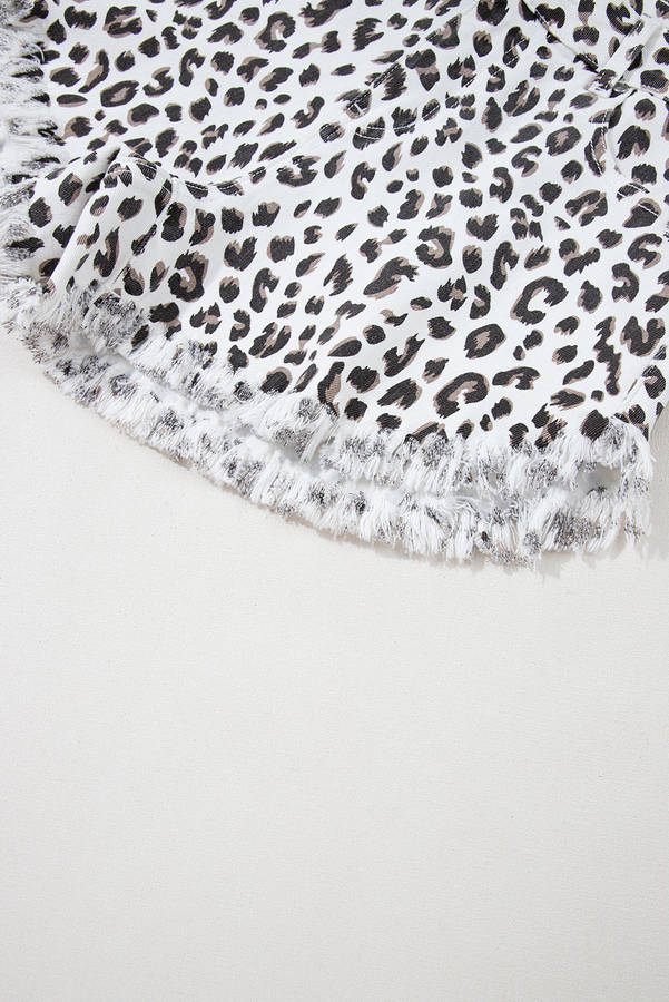 White Leopard Frayed Hem Denim Shorts