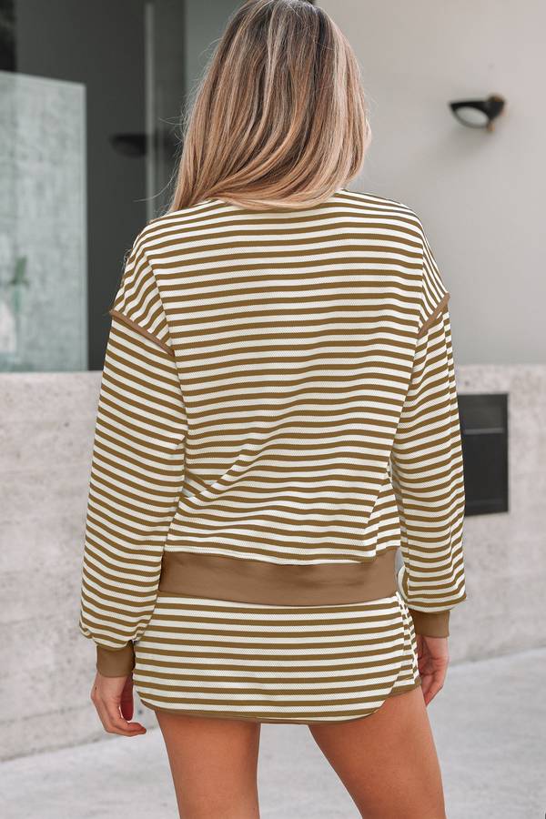 Brown Stripe Textured Drop Shoulder Pullover Top Drawstring Mini Skort Two Piece Dress Set