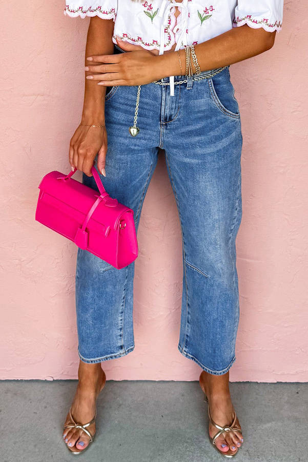 Dusk Blue Seam Detail Ankle Length Cropped BarrelJeans