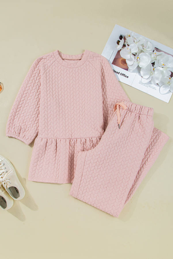 Delicacy Braided Texture Ruffle Hem Top Drawstring Loose Pants Set