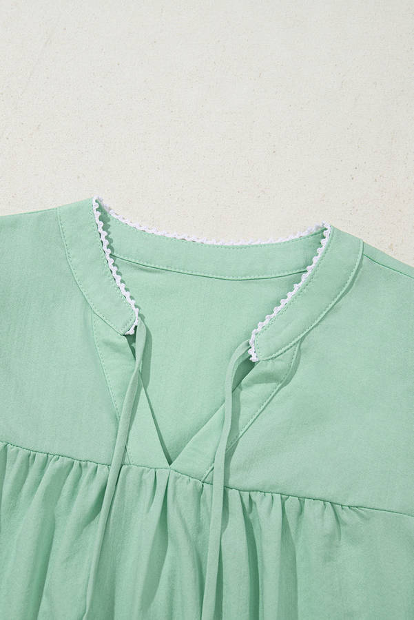 Clearly Aqua Floral Embroidered Puff Sleeve Split Neck Blouse