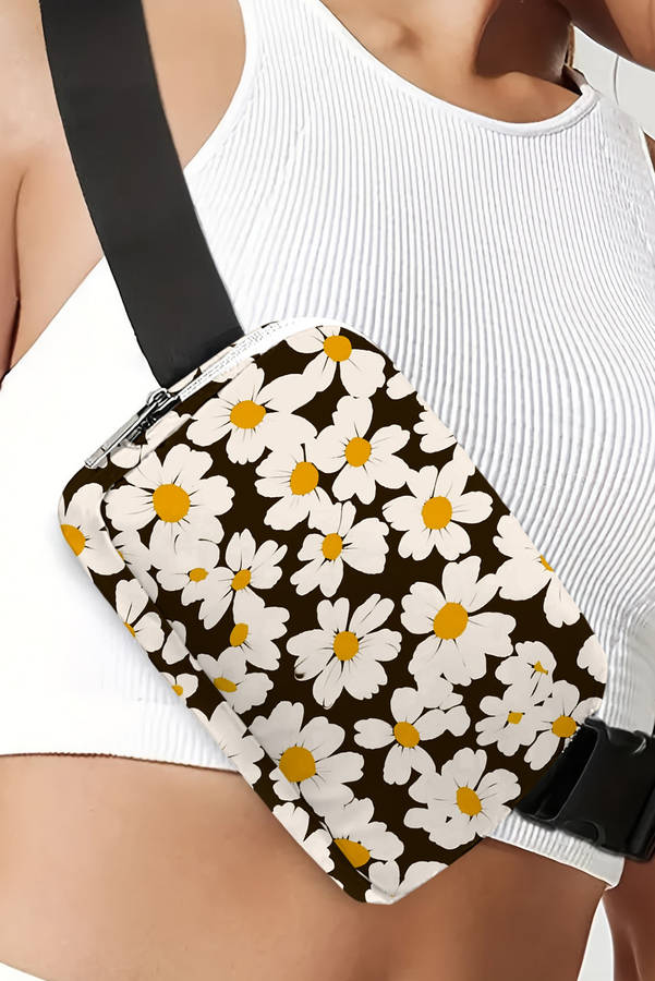 Black Daisy Printed Buckle Strap Crossbody Bag