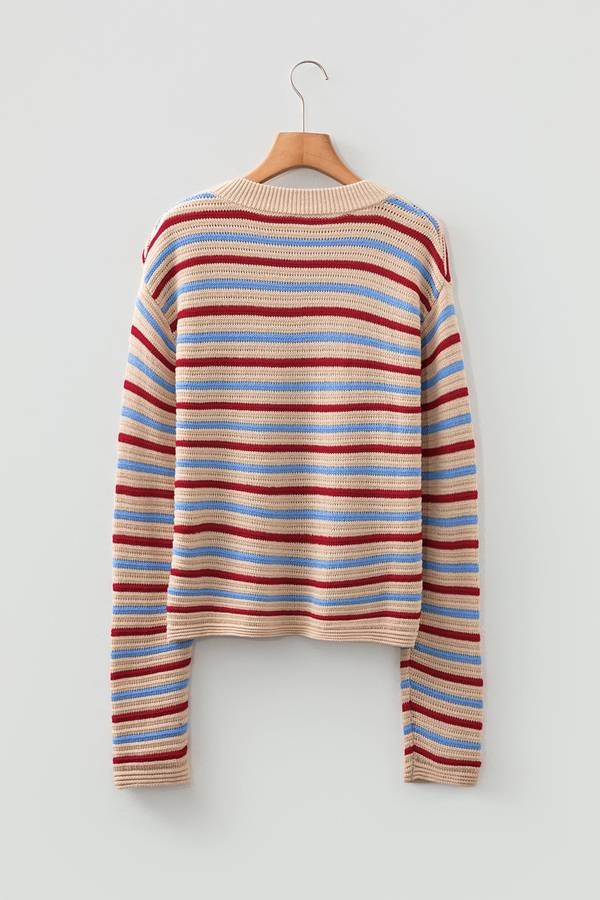 Khaki Stripe Drop Shoulder Cropped Long Sleeve Fall Sweater