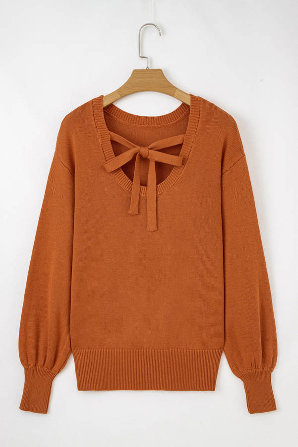 Gold Flame Solid Color Ribbed Trim Drop Shoulder Sweater