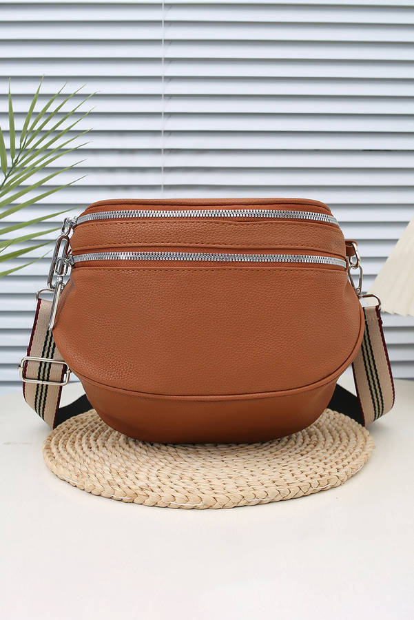 Chestnut PU Leather Double Zipper Crossbody Bag