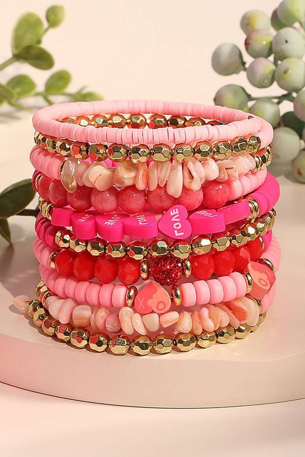 Rose Red 10pcs Polymer Clay Crystal Bead Valentines Heart Multilayer Bracelet Set
