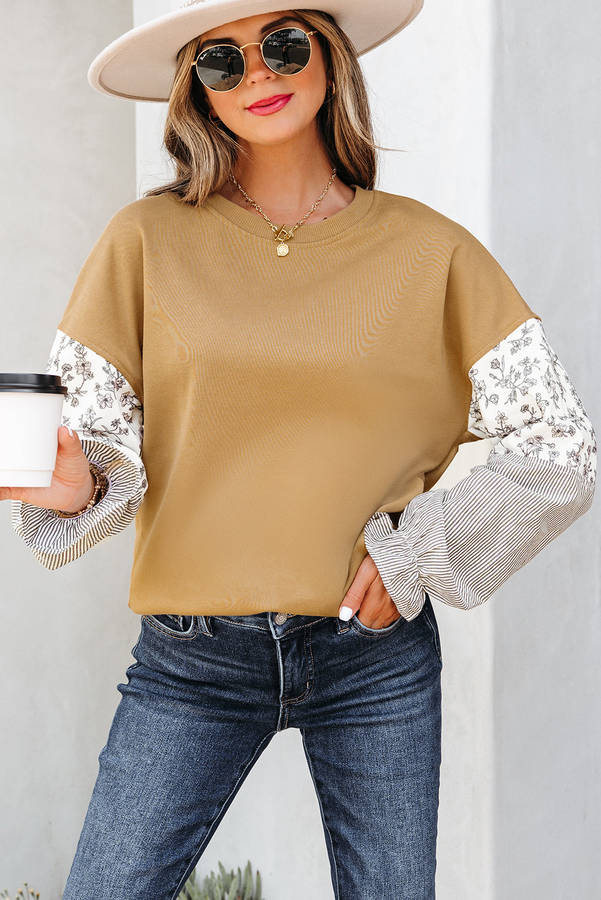 Camel Floral Striped Patchwork Ruffled Sleeve Crew Neck Sweatshirt