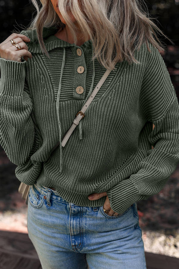 Mist Green Mineral Wash Ribbed Knit Button Drawstring Neck Hooded Sweater