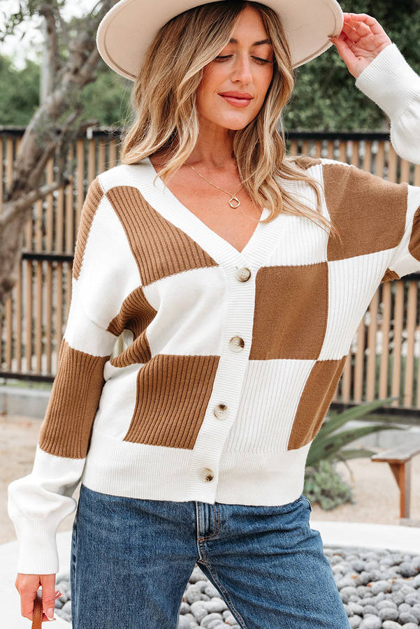 Khaki Checkered Pattern Ribbed Detail Button V Neck Sweater Cardigan