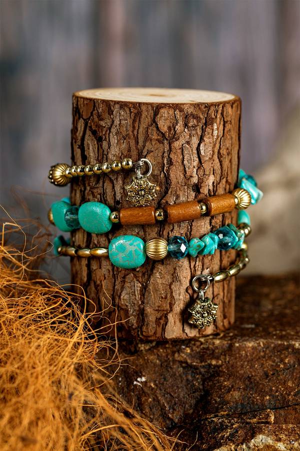 Turquoise Bohemian Style Crystal Stone Plated Bead Multi-Layer Winding Bracelet