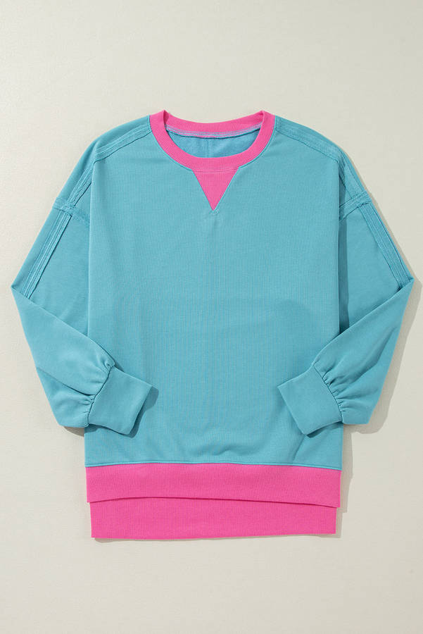 Light Blue Colorblock Patchwork Crew Neck Loose Sweatshirt