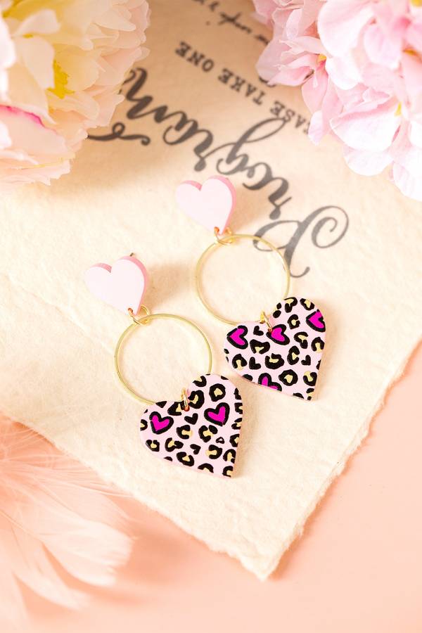 Pink Leopard Double Heart Golden Hoop Dangle Earrings