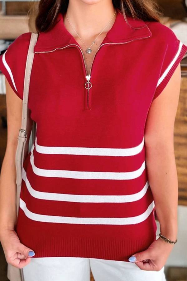 Fiery Red Quarter Zip Striped Detail Short Sleeve Sweater