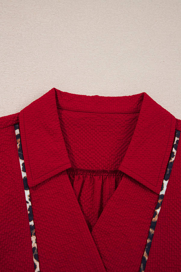 Fiery Red Collar V Neck Leopard Contrasted Trim Textured Blouse