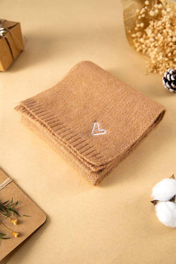 Thai Curry Tiny Heart Embroidered Detail Ribbed Trim Warm Knit Scarf