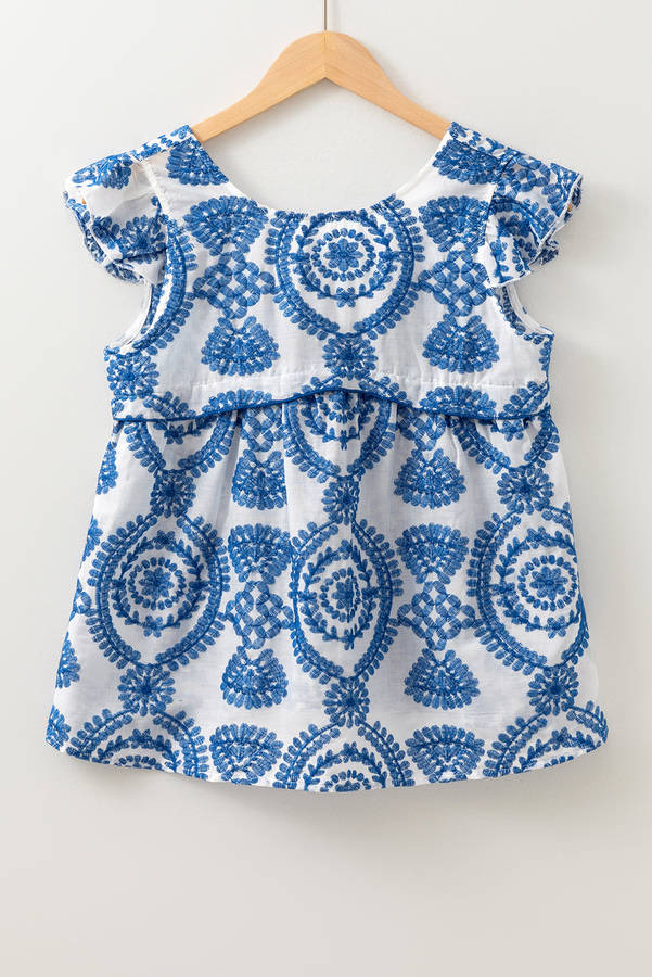 Blue Boho Print Flutter Sleeve Crew Neck Blouse