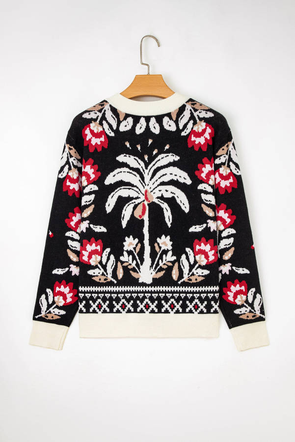 Black Floral Print Buttoned Front V Neck Knit Cardigan