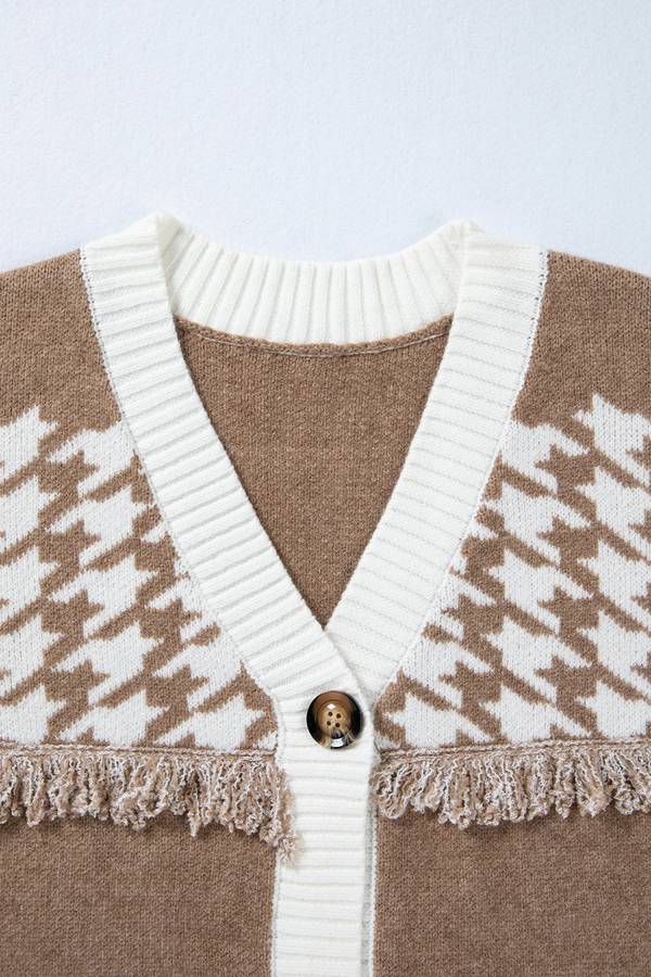 Khaki Houndstooth Color Block V Neck Raw Edge Button Front Cardigan