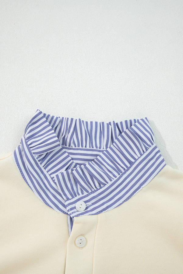 White Button Striped Collar Patchwork Puff Sleeve Sweatshirt