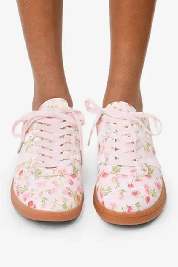 Light Pink Floral Print Lace-up PU Leather Flat Shoes