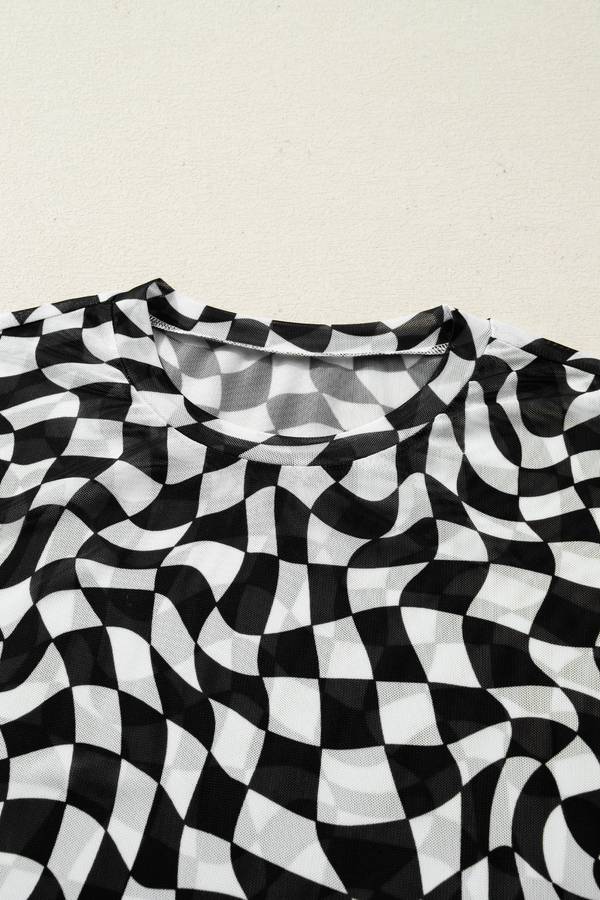 Black Checkered Print Mock Neck Mesh T Shirt