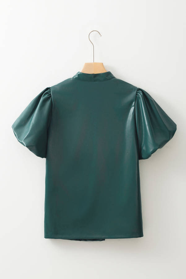 Sea Green  Notched V Neck Short Puff Sleeve PU Leather Blouse