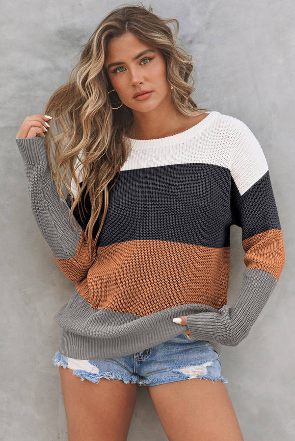 Chestnut Color Block Knitted O-neck Pullover Sweater