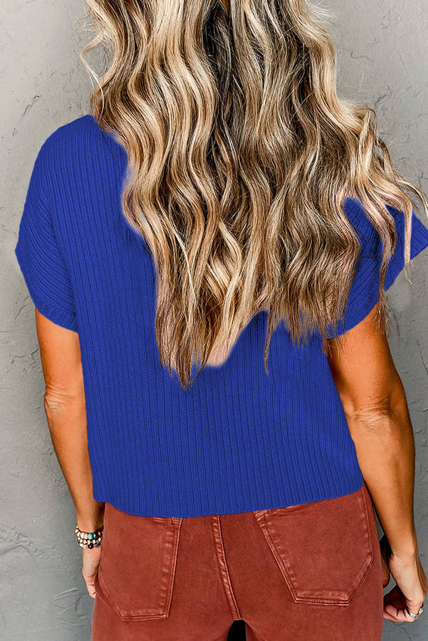 Dark Blue Patch Pocket Ribbed Knit Short Sleeve Sweater