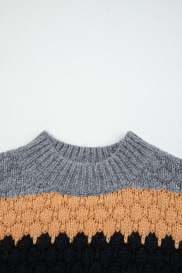 Khaki Color Block High Neck Baggy Sweater