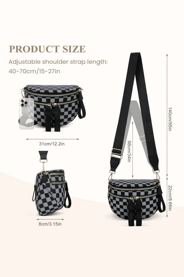 Dirty blue Checkered Print Multi Pocket Zipped Canvas Crossbody Bag