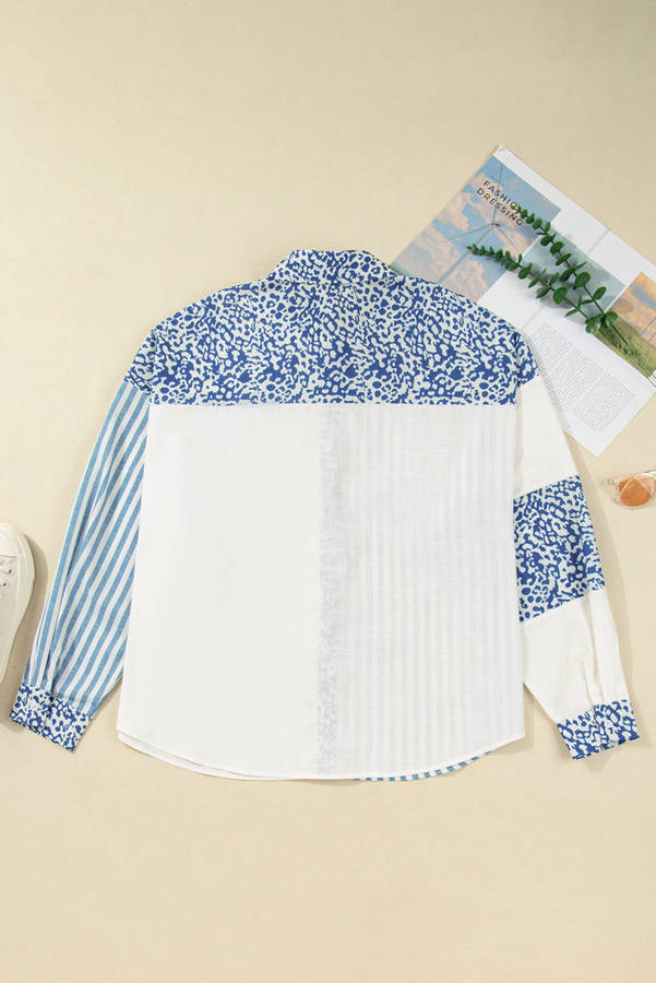 Sky Blue Leopard Striped Patchwork Casual Plus Shirt