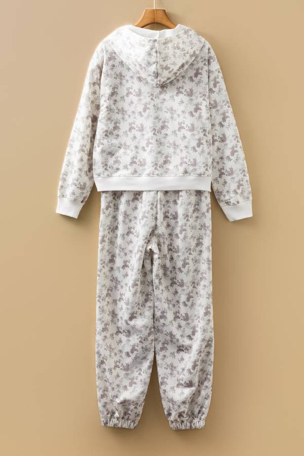 White Floral Print Casual Hoodie Drawstring Jogger Pant Set