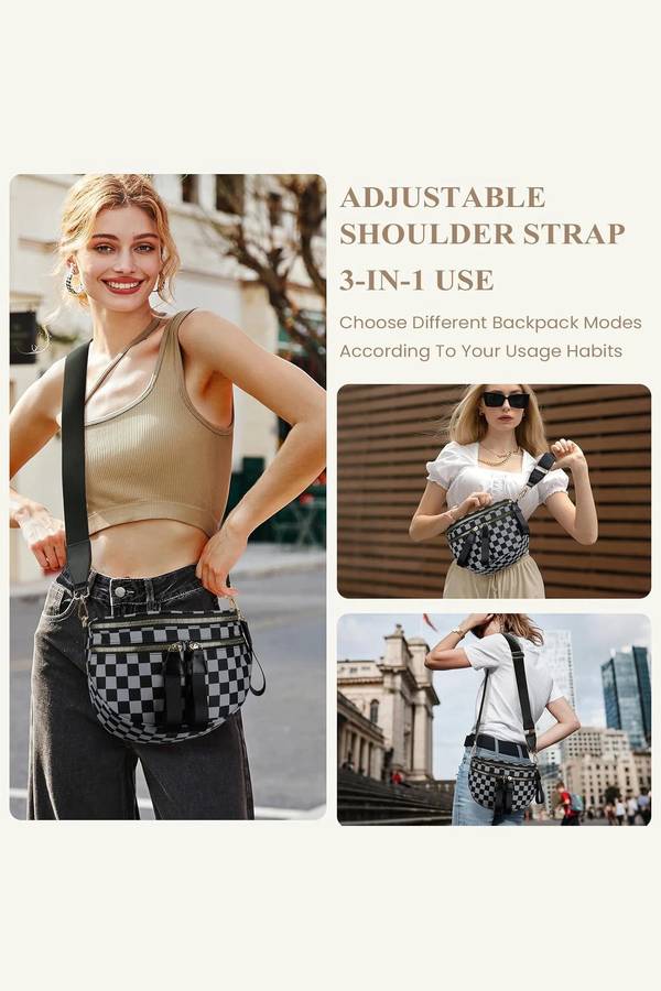 Dirty blue Checkered Print Multi Pocket Zipped Canvas Crossbody Bag