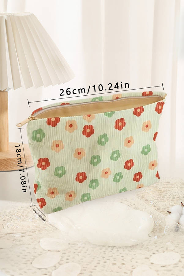 Clearly Aqua Flower Print Corduroy Zipper Makeup Storage Bag