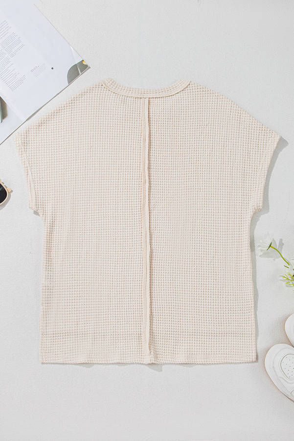 Pale Khaki Solid Color Textured Seamed Short Sleeve Top
