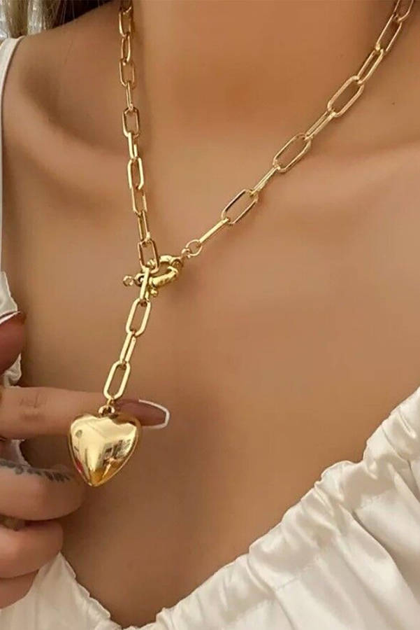 Gold Plated Paperclip Chain 3D Heart Pendant Necklace