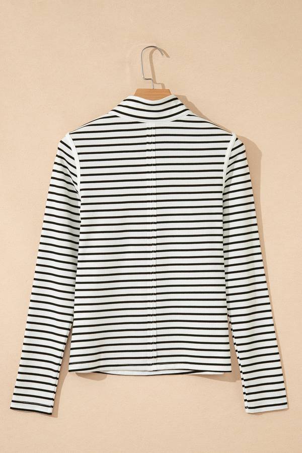 Black Stripe Ribbed Knit Half Button Long Sleeve Slim Top