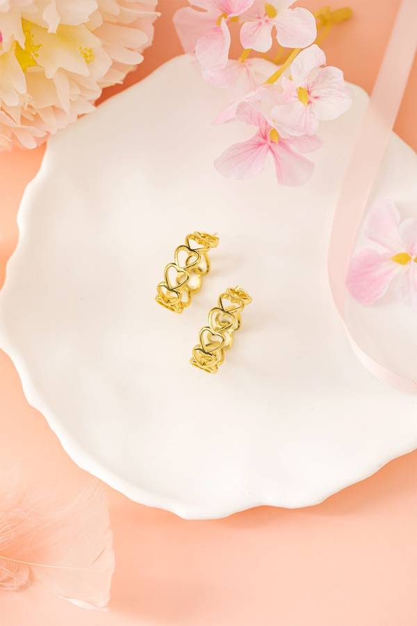 Gold Plated Heart Link Hoop Stud Earrings