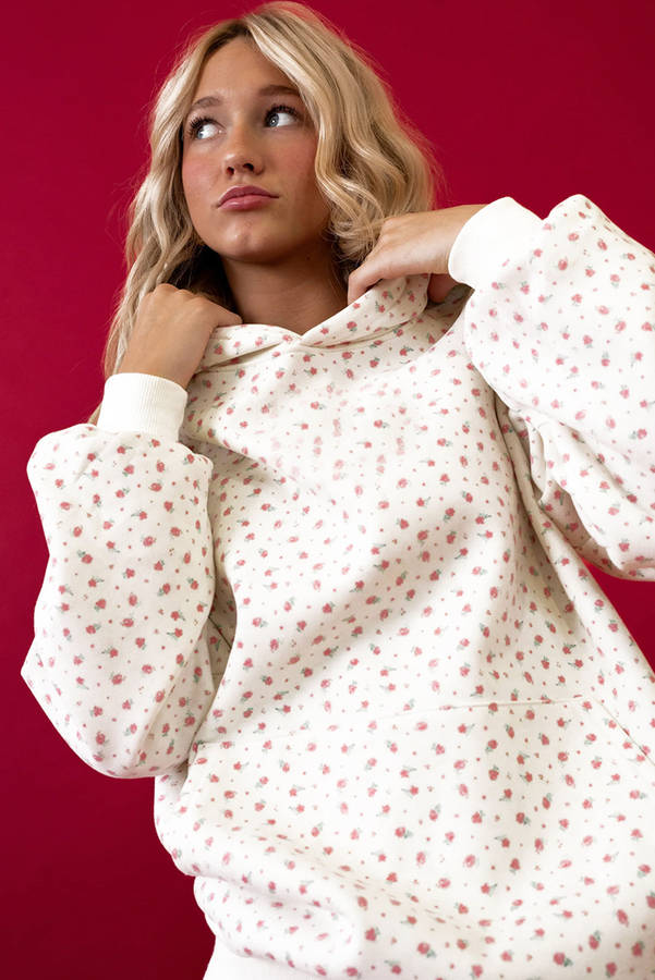 Pink Floral Print Kangaroo Pocket Hoodie Sheath Sweatpants Set