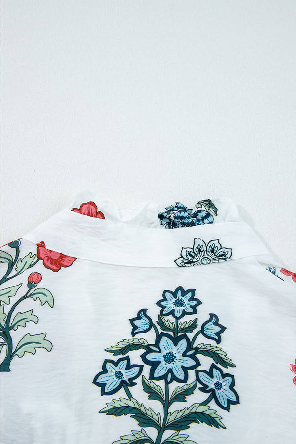 White Floral Print Frilled Collar V Neck Button Down Long Sleeve Shirt