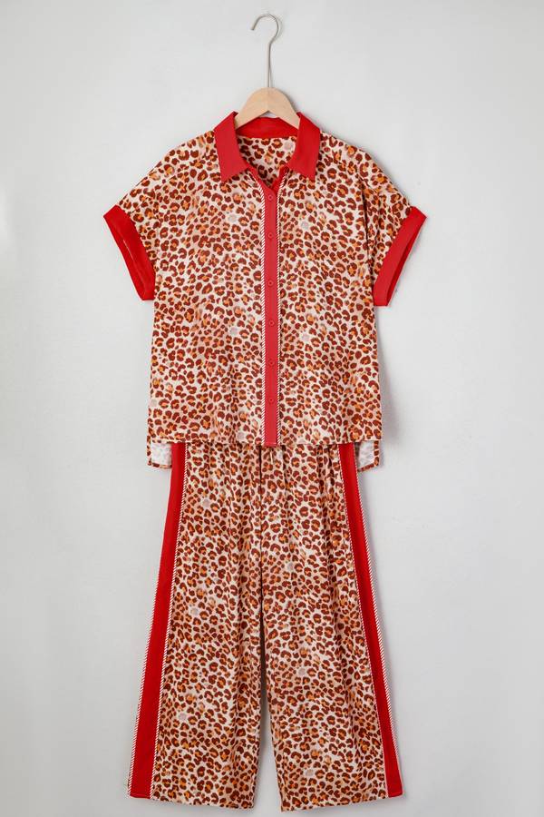 Brown Contrast Trim Leopard Top and Pant Set