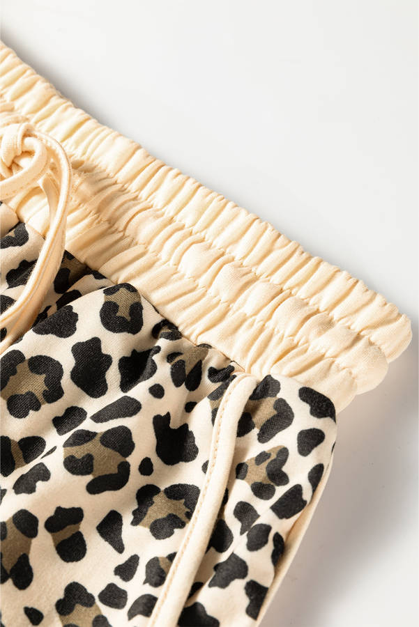 Brown Leopard Print Contrast Trim Long Sleeve Pullover Drawstring Shorts 2pcs Outfit