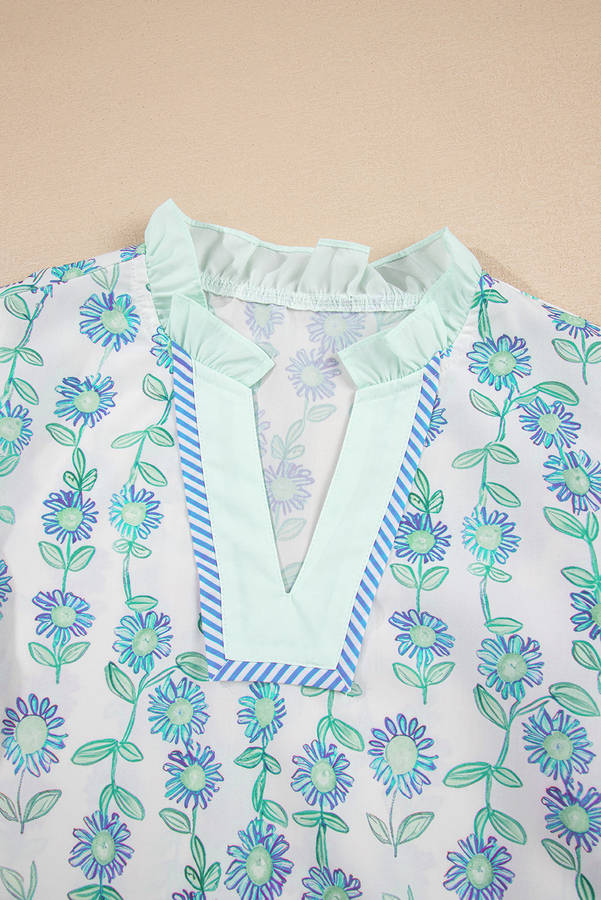 Green Floral Print Striped Detail Contrast V Neck Patchwork Flutter Sleeve Blouse