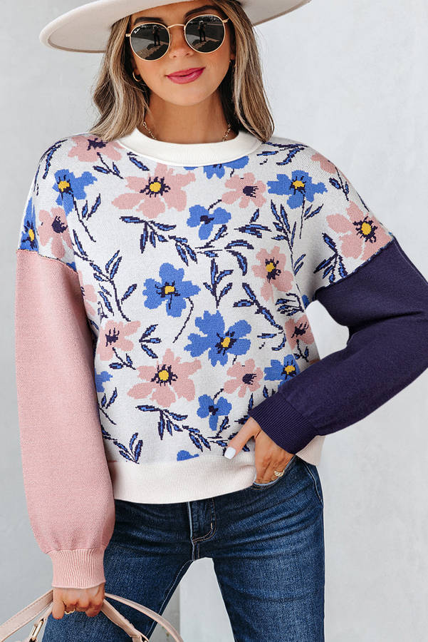 Khaki Floral Panel Colorblock Sleeve Patchwork Sweater