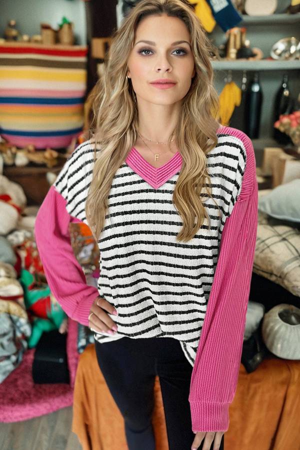 Black Stripe Textured Knit Twisted Rib Contrast Patchwork V Neck Long Sleeve Top