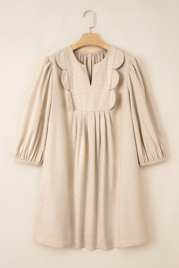 Parchment Notched Neck Scallop Detail Plus Size Mini Dress