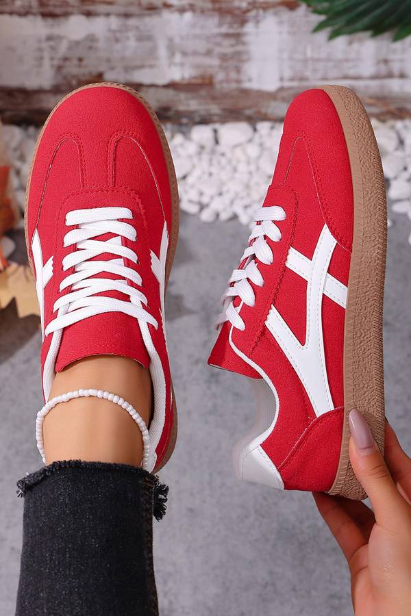 Racing Red Faux Suede Contrast Patchwork Detail Lace Up Flat Sneakers